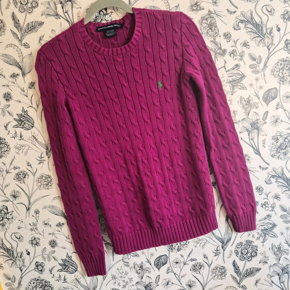 Ralph Lauren Sport Womens Small Magenta Cable Knit Sweater Cotton Pony Preppy